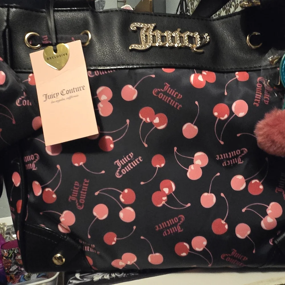 Juicy Couture Black Tote with Pink and Red Cherry Print
